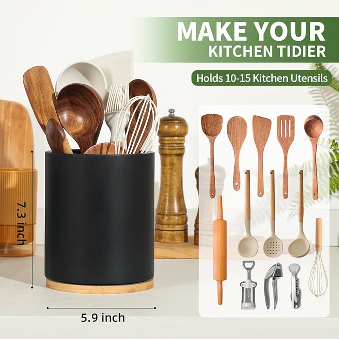 Wooden Utensil Holder, 360°Rotating 7.3'' Large Utensil Holder for Kitchen Counter, Kitchen Utensil Organizer, Utensil Crock, Farmhouse Kitchens Countertop Decor, Black Color - Image 2