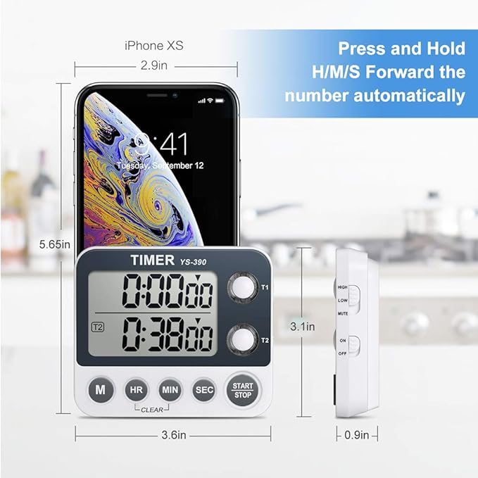 HomeMall Digital Kitchen Cooking Timer, Dual Count Up & Down with Magnetic Back, Large Display, Adjustable Volume and Flashing Alarm Light, ON/Off Switch Stopwatch, Battery Included - Image 4