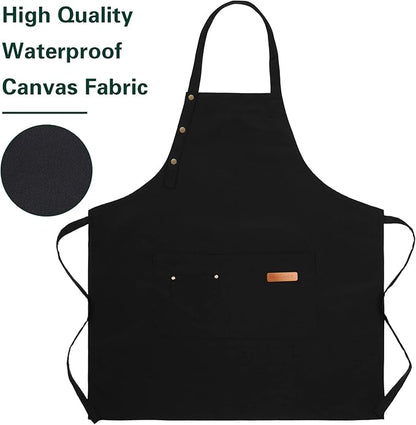 Apron for Men Women with Adjustable Straps and Large Pockets, Canvas Cotton Cooking Kitchen Chef Bib Aprons Waterproof Black