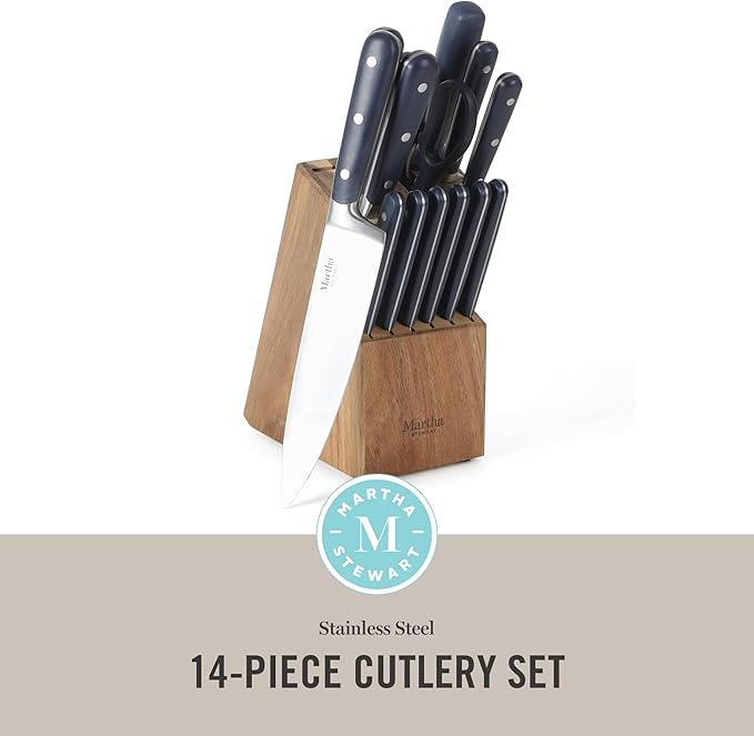 MARTHA STEWART Eastwalk 14 Piece High Carbon Staineless Steel Cutlery Set w/ABS Triple Riveted Forged Handle Acacia Wood Block - Navy Blue - Image 2