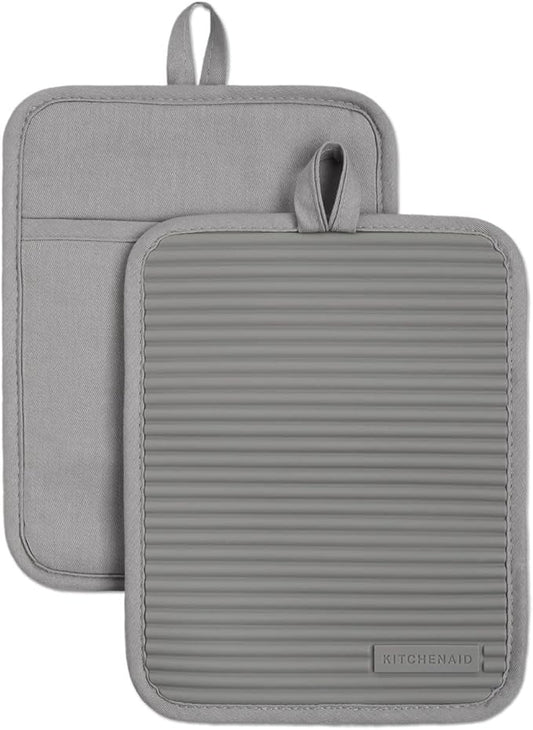KitchenAid Ribbed Soft Silicone Pot Holder 2-Pack Set, Grey, 7"x9" by KitchenAid