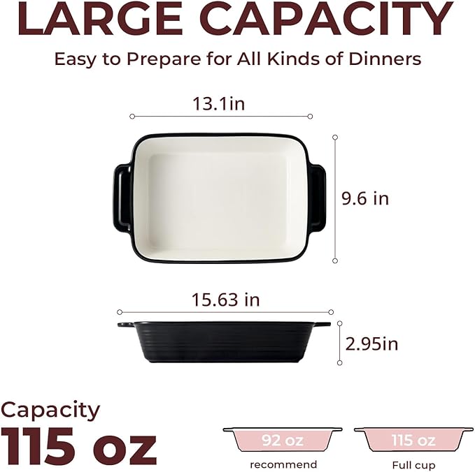 LIFVER Casserole Dish for Oven, 9x13 Ceramic Baking Dish, 115oz Large Lasagna Pan, Durable Deep Baking Pan with Handles, Oven Safe, Home & Kitchen Decor Gifts, Black - Image 2