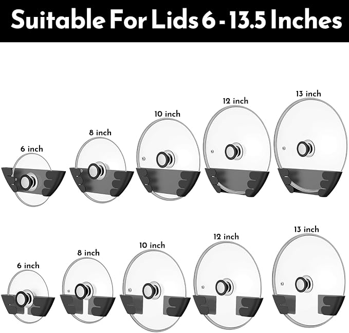 Universal Adjustable Pot Lid Holder Organizer for Cabinet - Upgraded Patented Niceyos 8 Pack Pan Lids Organizers Inside Cabinet Door Wall Mount Pots Top Rack for Kitchen Cupboard Fit 6" to 13" (Black) - Image 2