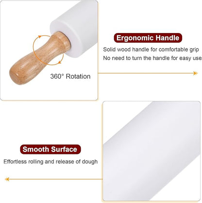 HARFINGTON Silicone Rolling Pins for Baking 12.2 Inch Non-Stick Silicone Surface Wooden Handle Rolling Pin Small Roller Playdough Rolling Pins for Fondant Kitchen Dough Pizza, White