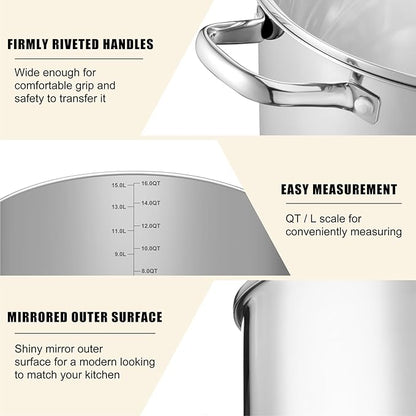 TeamFar 16QT Stock Pot, Stainless Steel Stockpot Large Induction Cooking Pot with Lid & Tri-ply Bottom, for Soup Seafood Cooking, Sauce Canning, Non Toxic & Heavy Duty, Various Stovetops Suitable - Image 3