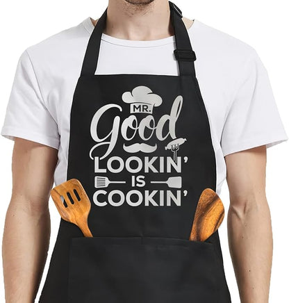 SANDJEST Funny Mens Aprons with Pockets for BBQ Grilling Cooking Grandpa Husband Apron for Birthday Christmas Father's Day