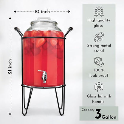 3 Gallon Glass Ice Cold Beverage Dispenser - With Glass Lid and Handle Drink Dispenser With Metal Stand, 100% Leak Proof Spigot- Wide Mouth Easy Filling For Outdoor, Parties & Daily Use