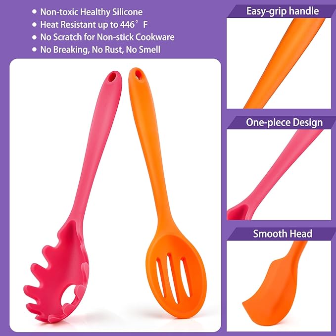 P&P CHEF Silicone Cooking Utensils Set of 7, Heat-proof Kitchen Utensils Set for Nonstick Cookware, Non-stick Spatula, Slotted Turner, Soup Ladle, Pasta Server, Spoon for Cooking Serving - Multicolor - Image 3