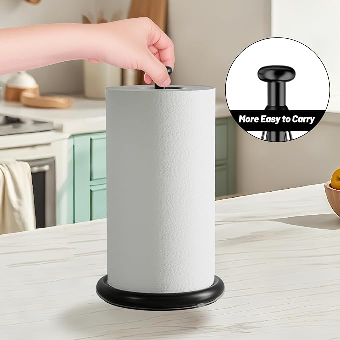 VEHHE Paper Towel Holder Countertop with Weighted Base, One-Handed Tear Paper Towel Holder with Damping Function and EVA Non-Slip Pad for Bathroom and Kitchen (Black) - Image 7