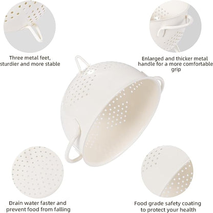 Metal Colander 5 Quart Powder Coated Self-draining Metal Strainer with Base,Kitchen Pasta Fruit Vegetable Basket with Double Handles (Cream)