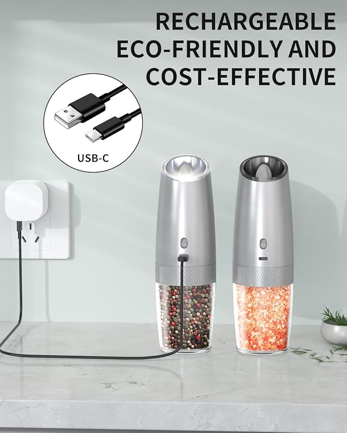 CIRCLE JOY Gravity Electric Salt and Pepper Grinder Set with 2-Speed, Rechargeable Salt and Pepper Grinder Set, Adjustable Coarseness, Whiet LED Light - Image 3