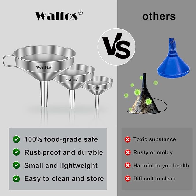 Stainless Steel Funnel, Walfos 3 Pack Kitchen Funnel with 2 Removable Strainer ＆ 1Pcs Cleaning Brush, Perfect for Transferring of Liquid, Oils, Jam, Dry Ingredients & Powder - Image 5