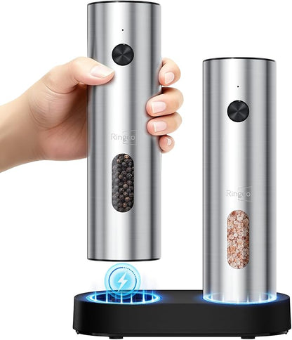 Electric Salt and Pepper Grinder Set with Charging Base, Rechargeable Salt and Pepper Mill with Adjustable Coarseness, LED Light, 110ml Large Capacity for Kitchen, Outdoors, Gifts for Women