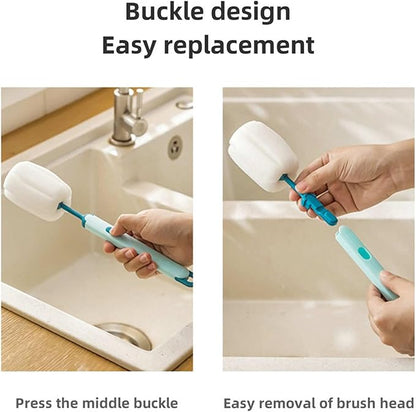 Bottle Brush Long Handle Cup Cleaner Brush Sponge Bottle Scrubber Detachable Handle Portable Sponge Cleaning Brush for Cups Wine Glasses Water Bottles Baby Bottles and Vacuum Flasks(3 PCS)