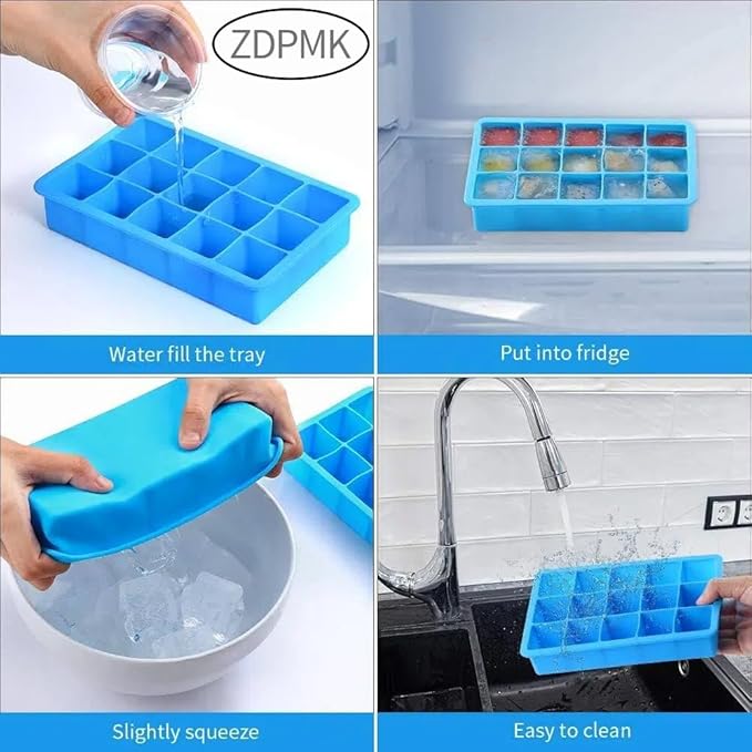 2 Pack Ice Cube Trays, ZDPMK Silicone Easy Release Flexible Molds 15 Ice Cubes Tray for Freezer，Cocktail，Whiskey，Reusable & BPA Free - Image 3