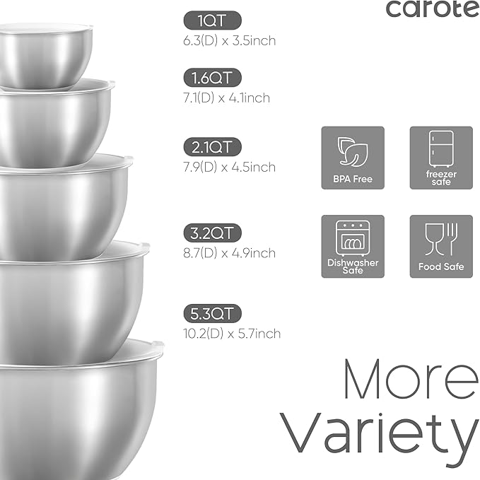 CAROTE Stainless Steel Mixing Bowls with Lids Set,12 Pcs Nesting Bowls Clear Airtight Lids 3 Grater Attachments,Non-Slip Bottoms & Measurement Marks Mixing Bowls,Size 5,3,2,1.5,1QT - Image 2