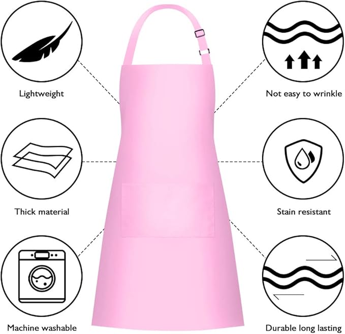 Jubatus 2 Pack Bib Aprons with 2 Pockets Cooking Chef Kitchen Apron for Women Men, Pink - Image 6