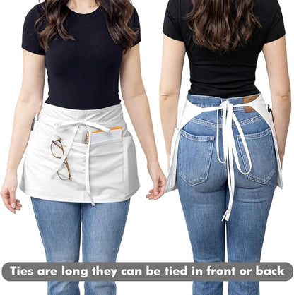 Dreamology Waitress Apron with Pockets, Short Aprons with Pockets,Waist Aprons, Server Aprons with 3 Pockets, Gardening, Cooking & Waiter aprons,Server apron Short | Long Strap - White Apron (3 Pack)