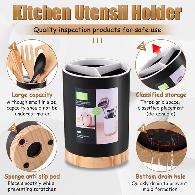 Kitchen Utensil Holder Tableware Storage Bucket, Spoon Chopsticks Fork Drain Rack Utensil Crock for Counter, Household 3-Format Tableware Drainer with Removable Divider and Wooden Base - Image 3