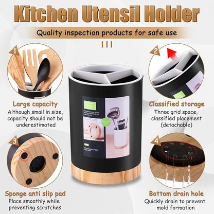 Kitchen Utensil Holder Tableware Storage Bucket, Spoon Chopsticks Fork Drain Rack Utensil Crock for Counter, Household 3-Format Tableware Drainer with Removable Divider and Wooden Base - Image 3