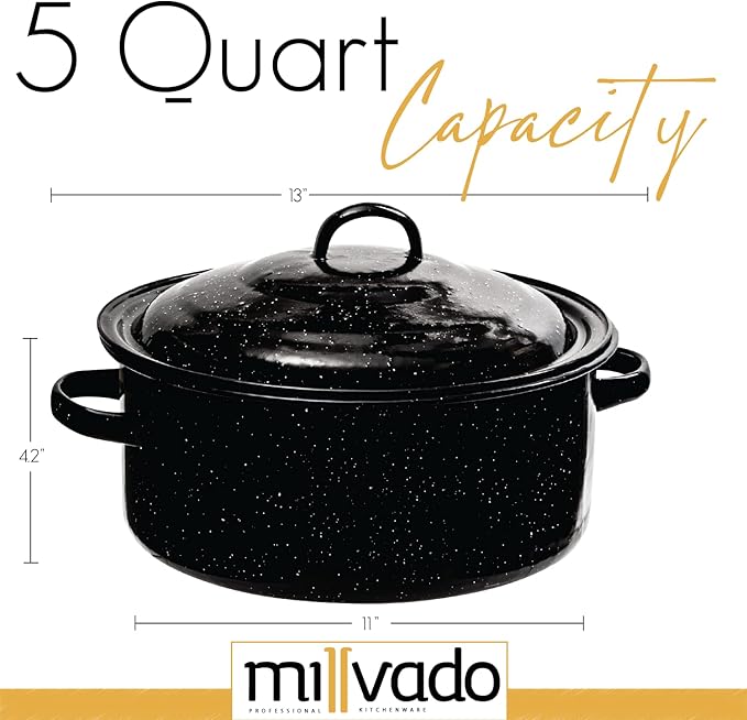 Millvado Granite 5 Qt Stockpot, Nonstick Soup Pot With Lid, Speckled Enamel Ware Cookware, Large Stock Pot For Boiling and Cooking, Big Granite Cooking Pot for Stovetop, Campfire, Outdoor Stove