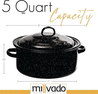 Millvado Granite 5 Qt Stockpot, Nonstick Soup Pot With Lid, Speckled Enamel Ware Cookware, Large Stock Pot For Boiling and Cooking, Big Granite Cooking Pot for Stovetop, Campfire, Outdoor Stove