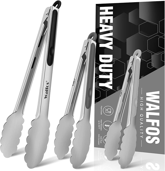 Walfos Stainless Steel Kitchen Tongs for Cooking- 7 ，9 and 12 Inch, Food Grade Metal Tongs for Cooking, BBQ, Set of 3 Heavy Duty Locking Cooking Tongs Non-Slip Grip by Walfos
