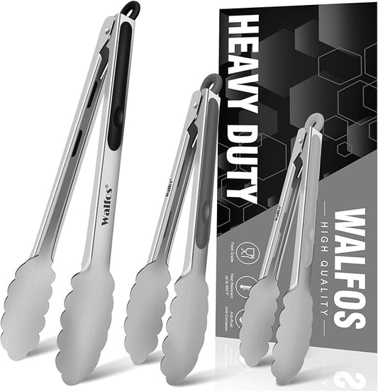 Walfos Stainless Steel Kitchen Tongs for Cooking- 7 ，9 and 12 Inch, Food Grade Metal Tongs for Cooking, BBQ, Set of 3 Heavy Duty Locking Cooking Tongs Non-Slip Grip by Walfos