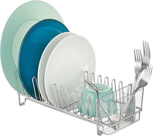 mDesign Kitchen Sink Dish Drainer – Small Metal and Plastic Dish Rack for Kitchen Sink – Ideal for Plates and Cutlery Basket – Chrome/Clear