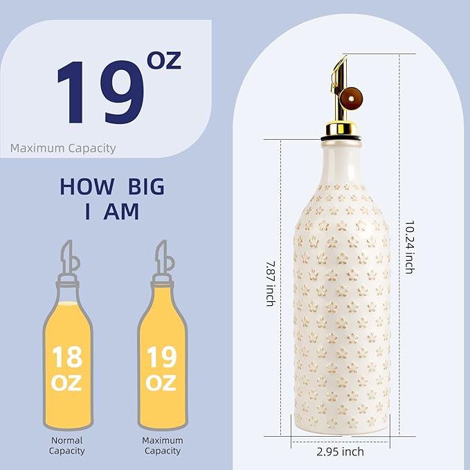 Ceramic Olive Oil Dispenser Bottle for Kitchen with Gravity Spout, 19 oz Opaque Relief Oil Cruet with Funnel, Oil Container for EVOO, Vinegar, and Soy Sauce (Petal Design)