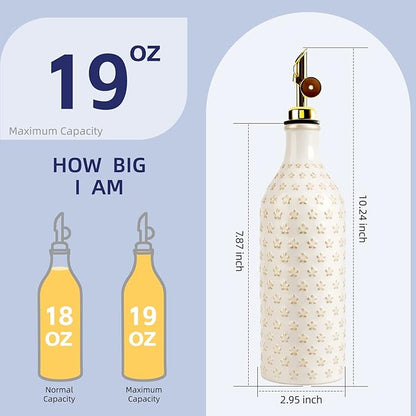 Ceramic Olive Oil Dispenser Bottle for Kitchen with Gravity Spout, 19 oz Opaque Relief Oil Cruet with Funnel, Oil Container for EVOO, Vinegar, and Soy Sauce (Petal Design)