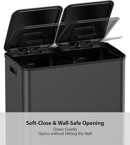Lovewind Dual Trash and Recycling Bins for Kitchen, 2 * 11-Gallon Stainless Steel Double Trash Can, Step-On Garbage and Recycle Combo, Quiet Close, Pet-Proof, Compatible with 13-Gallon Bags, Black - Image 5
