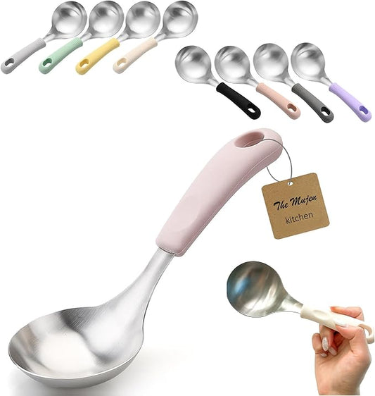 Korean Mukbang Spoon, Serving Spoon, Multipurpose Stainless Steel Ladle Silicone handle Serving Cooking Ladle 먹방 스푼,미니 국자, 서빙스푼 전현무 국자 (Pink)