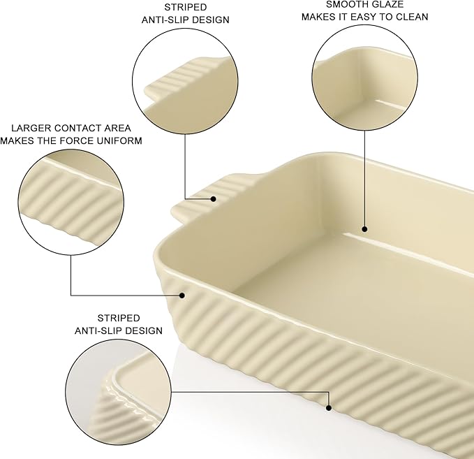 Sweejar Ceramic 13 x 9 Baking Pan, Cake Baking Dish for Brownie, Porcelain Striped Casserole Dishes for Oven with Handle for Lasagna, Family Dinner(Beige) - Image 4