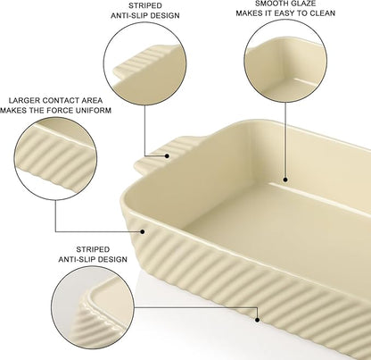 Sweejar Ceramic 13 x 9 Baking Pan, Cake Baking Dish for Brownie, Porcelain Striped Casserole Dishes for Oven with Handle for Lasagna, Family Dinner(Beige) - Image 4