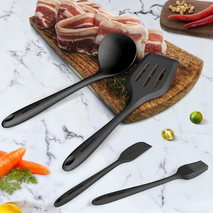 Kitchen Utensil Set - 11 Cooking Utensils - Colorful Silicone Kitchen Utensils - Nonstick Cookware with Spatula Set - Colored Best Kitchen Tools Kitchen Gadgets (Black) - Image 4