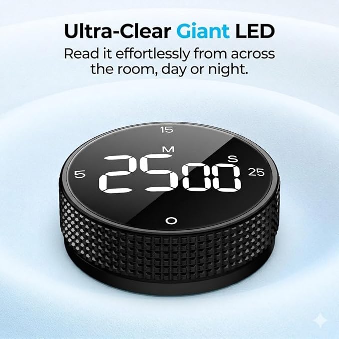 Magnetic Kitchen Timer for Cooking with Loud Alarm - Large LED Display Rotating Countdown Pomodoro Timer, Preset 5/15/25 Mins Easy for Seniors and Kids，for Baking Grilling Studying - Image 4