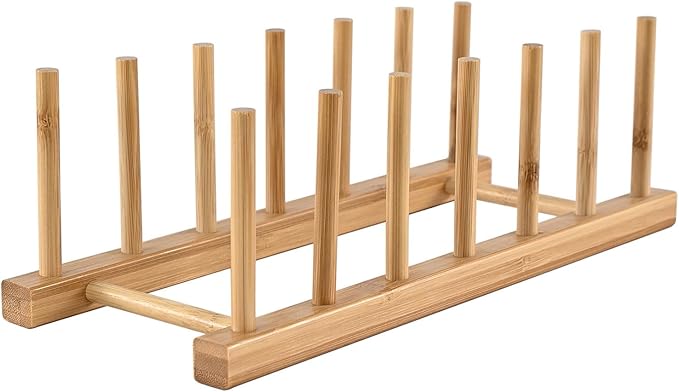 INNERNEED Bamboo Wooden Dish Rack, Vertical Plate & Lid Organizer for Kitchen Cabinet or Countertop, Drying Stand for Dishes, Cutting Boards by INNERNEED
