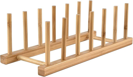 INNERNEED Bamboo Wooden Dish Rack, Vertical Plate & Lid Organizer for Kitchen Cabinet or Countertop, Drying Stand for Dishes, Cutting Boards by INNERNEED