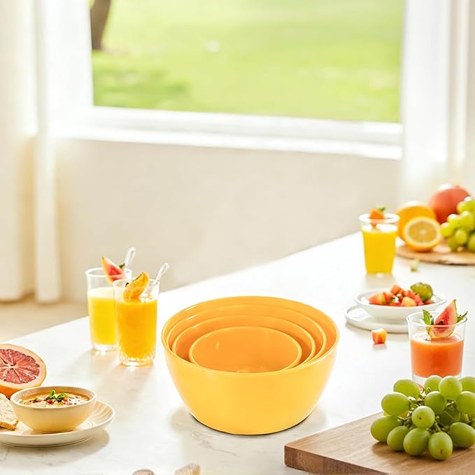 4-Piece Classic Plastic Prep Bowls with Lids, Nesting Plastic Small Mixing Bowl Set for Mixing, Baking, Prepping, Cooking and Serving Food, Microwave and Dishwasher Safe (Yellow) - Image 3