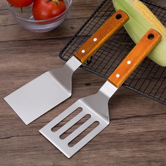 KLAQQED 2 PCS Metal Spatula for Cast Iron Skillet, Stainless Steel Grill Spatula Slotted Turner Fish with Wood Handle Flat Top Griddle for Cooking BBQ