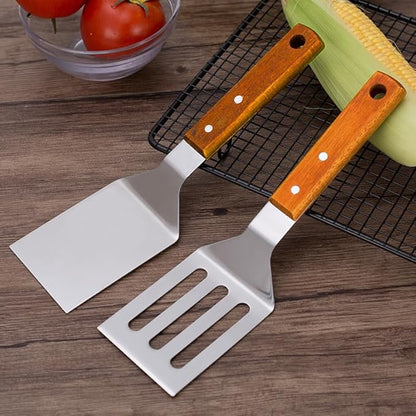 KLAQQED 2 PCS Metal Spatula for Cast Iron Skillet, Stainless Steel Grill Spatula Slotted Turner Fish with Wood Handle Flat Top Griddle for Cooking BBQ