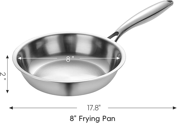 SuperCook Tri-Ply Clad Stainless Steel Frying Pan 8 Inch, Stainless Clad Frying Pan, Skillet Pan, Non-Toxic, Multiclad, Induction Oven Compatible, Dishwasher Safe