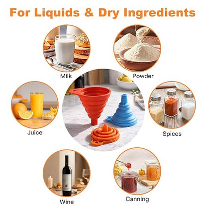 No Spill Kitchen Funnel Set, Food Grade 3 Collapsible Silicone Funnels & 1 Stainless Steel Funnel, Used for Hot Oil, Juice, Powder, Vials & More - Solves All Your Pouring Problems in the Kitchen