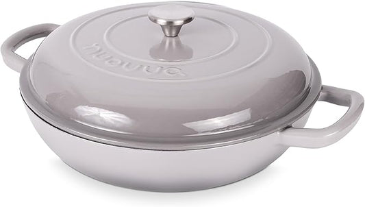 Shallow Cast Iron Casserole with Lid – Non Stick Dutch Oven Pot, Oven Safe up to 500° F – Sturdy Ovenproof Stockpot Cookware – Enamelled Cooking Pot – Grey, 5-Quart, 32cm – by Nuovva