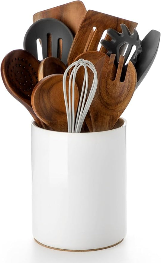 Nucookery Utensil Holder, 6.4" Ceramic Kitchen Utensil Holder with Countertop-Protection Cork Bottom, Farmhouse Kitchen Decor for Counter, Gift (White) by Nucookery
