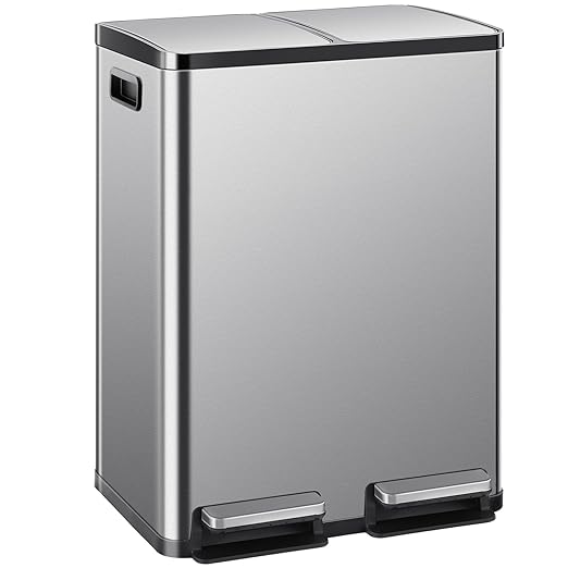 2×8 Gallon Kitchen Trash Can with Lid - Large Stainless Steel Garbage Can with Soft-Close Foot Pedal and Removable & Compartment PlasticInner Bucke, Trash Bin for Home, Bedroom, Office by Unknown