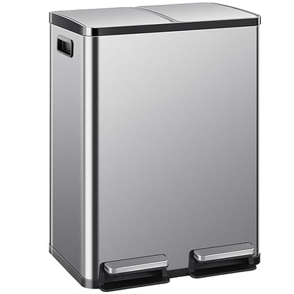 2×8 Gallon Kitchen Trash Can with Lid - Large Stainless Steel Garbage Can with Soft-Close Foot Pedal and Removable & Compartment PlasticInner Bucke, Trash Bin for Home, Bedroom, Office by Unknown