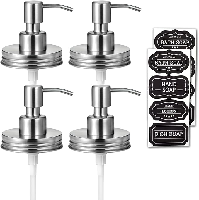 Amolliar Mason Jar Liquid Soap Dispenser Lid, Stainless Steel Pump for 16oz Regular Mouth Jar, Rustic Farmhouse Decor, Kitchen Hand Soap, Dish, Lotion Soap, Brushed Nickel 4 Pack, Extra 2 Long Tubes