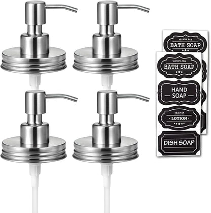 Amolliar Mason Jar Liquid Soap Dispenser Lid, Stainless Steel Pump for 16oz Regular Mouth Jar, Rustic Farmhouse Decor, Kitchen Hand Soap, Dish, Lotion Soap, Brushed Nickel 4 Pack, Extra 2 Long Tubes